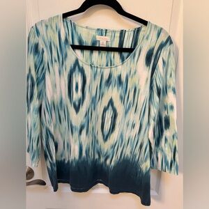 Chico’s Women’s Top, Multi shades of Teal, Size Large, 3/4 Sleeves, Round Neck